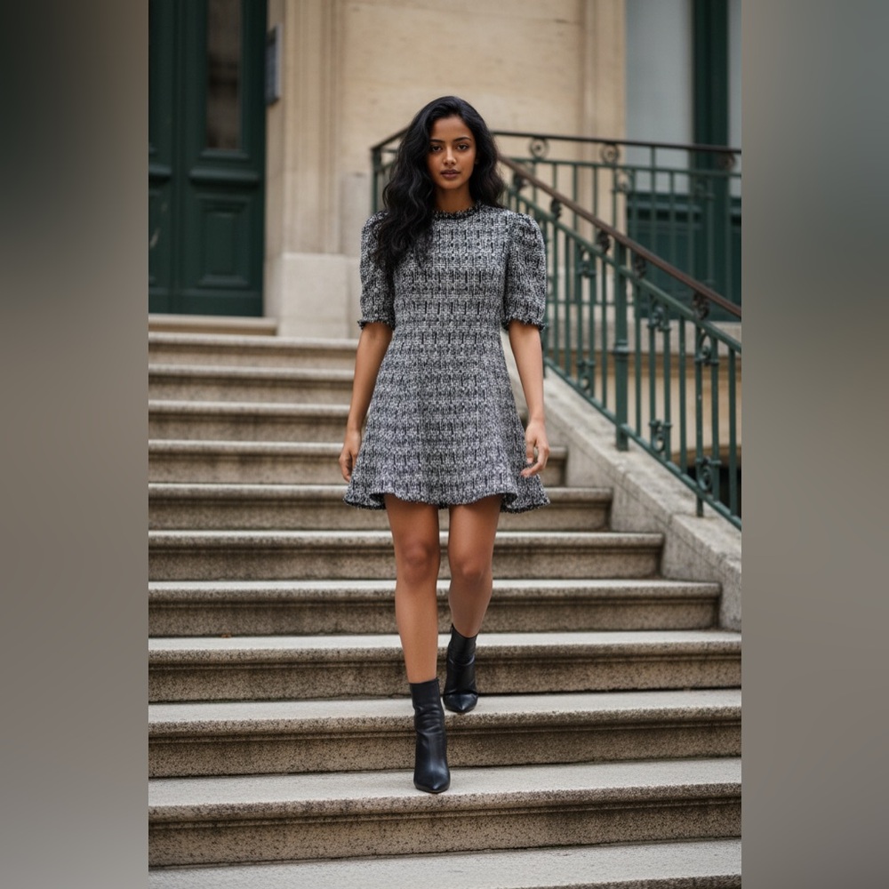 Aqua Monochrome Tweed Long Sleeve Dress nwt